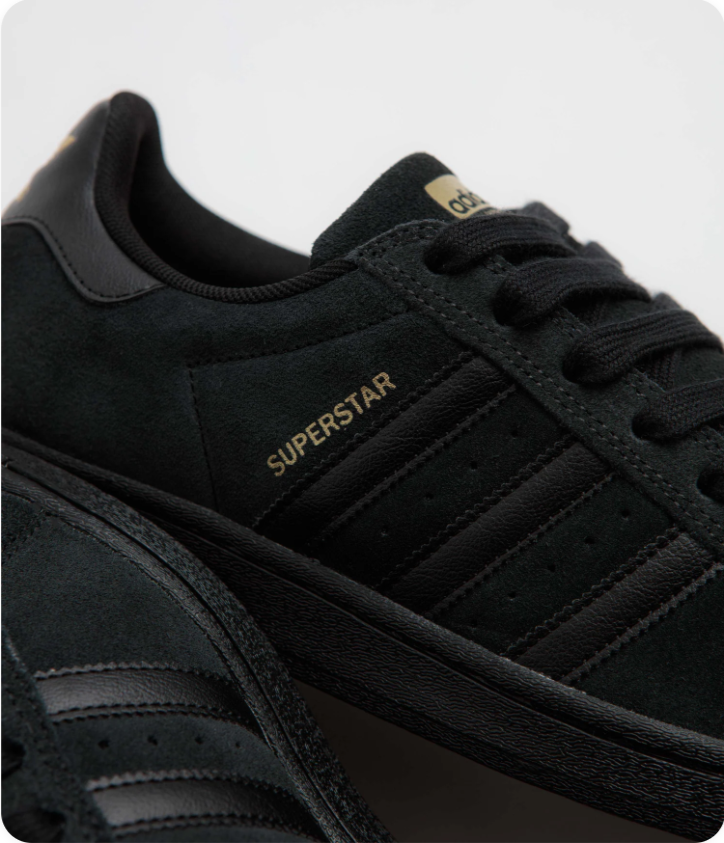 Adidas Superstar Sneakers – Triple Black Suede & Gold