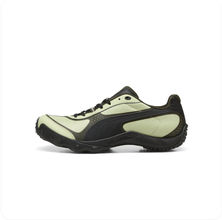 Puma Mostro Sage Green Black - clean side profile showing sage green panels and dark olive-black TPU overlays
