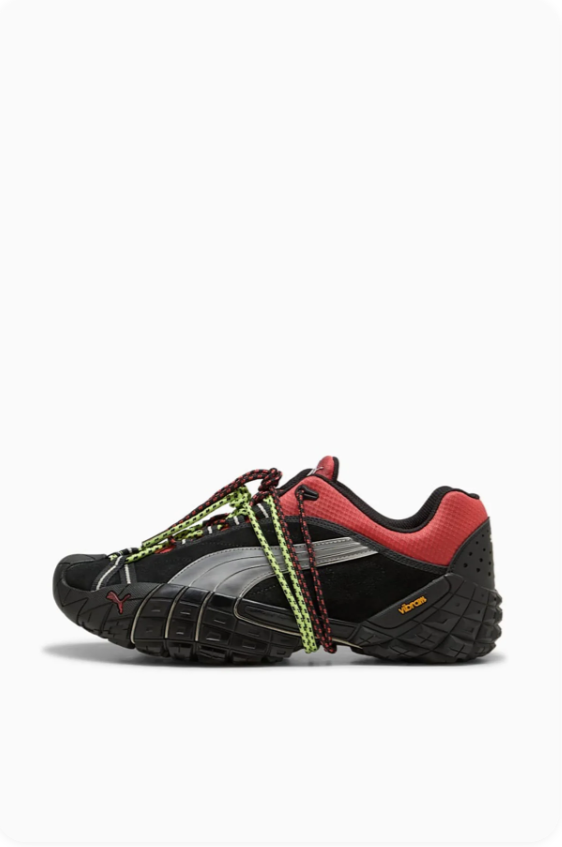 Puma Mostro Black Coral Red Neon Green - clean side profile showing reflective Formstrip and coral collar