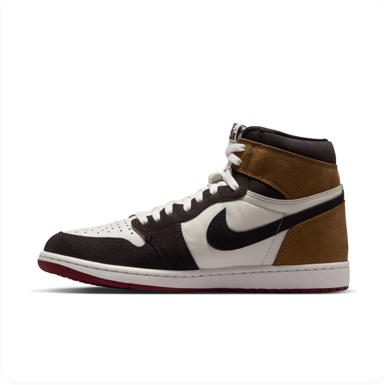 Air Jordan 1 Retro High OG Rookie of the Year - clean side profile showing full multi-color upper and crimson red herringbone outsole