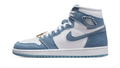 Air Jordan 1 Retro High OG Denim - clean side profile showing denim Swoosh, Wings collar patch, and light blue herringbone outsole