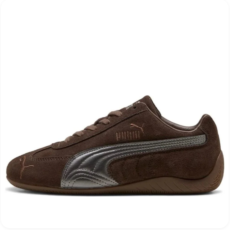 Puma Speedcat Pro Dark Brown Gunmetal - side profile view showing metallic Formstrip and rose gold PUMA lettering