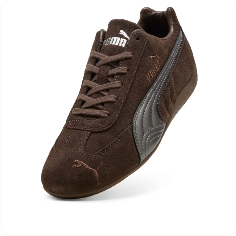 Puma Speedcat Pro Dark Brown Gunmetal - front three-quarter view showing embossed cat logo and tonal brown upper