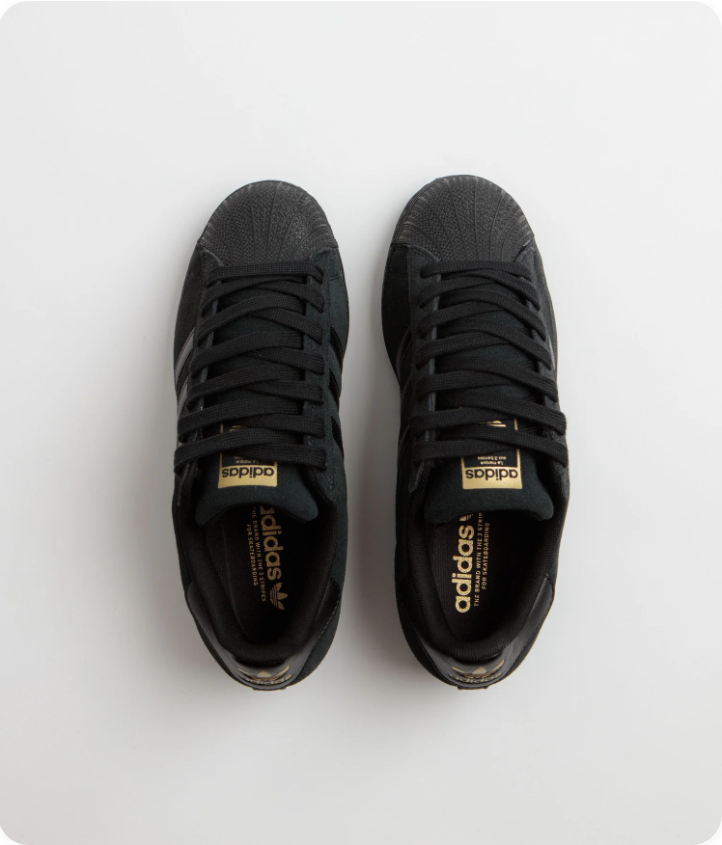 Adidas Superstar Sneakers – Triple Black Suede & Gold