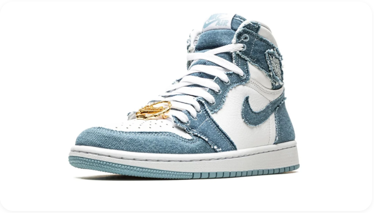 Air Jordan 1 Retro High OG Denim - front three-quarter view showing washed denim upper, frayed collar, gold Jumpman charm and white midfoot panel