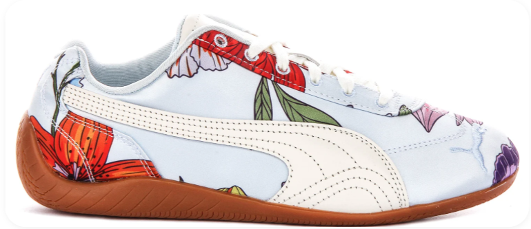 Puma Speedcat Botanical Floral Print Baby Blue - side profile view showing full floral print and honey gum sole