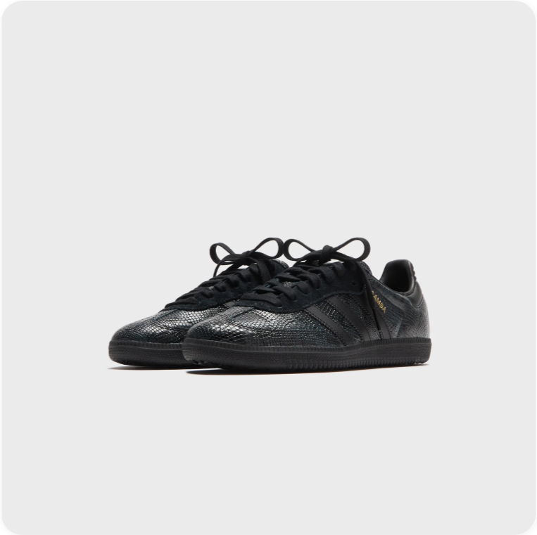 Adidas Samba Sneakers – Triple Black Reptile Embossed Leather & Gold