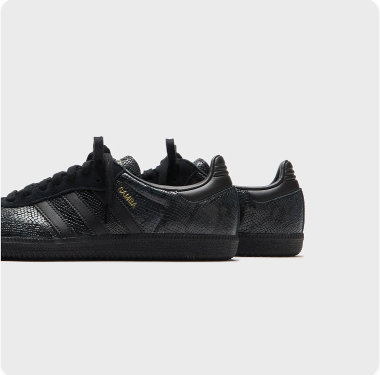 Adidas Samba Sneakers – Triple Black Reptile Embossed Leather & Gold