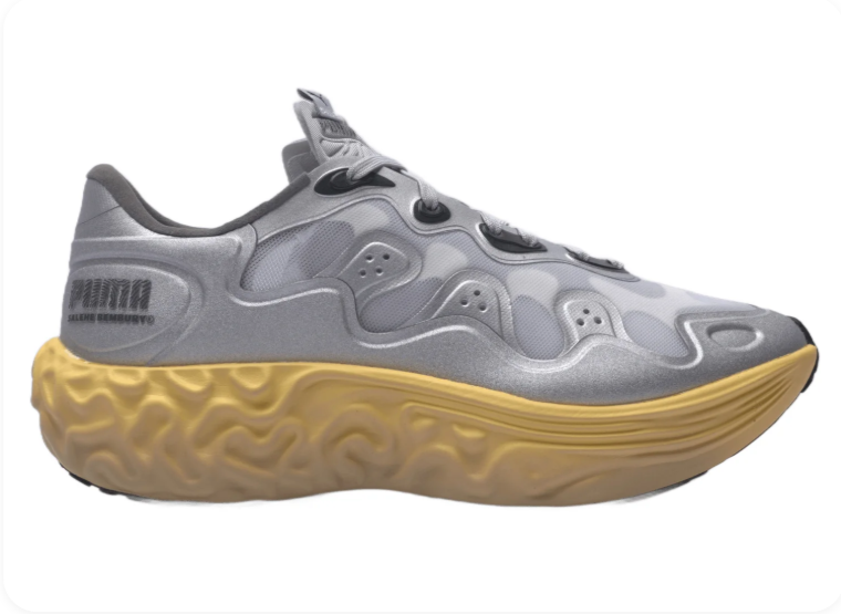 Puma Plexus Silver Grey Honey Yellow - lateral side profile showing PUMA text branding and coral-texture midsole