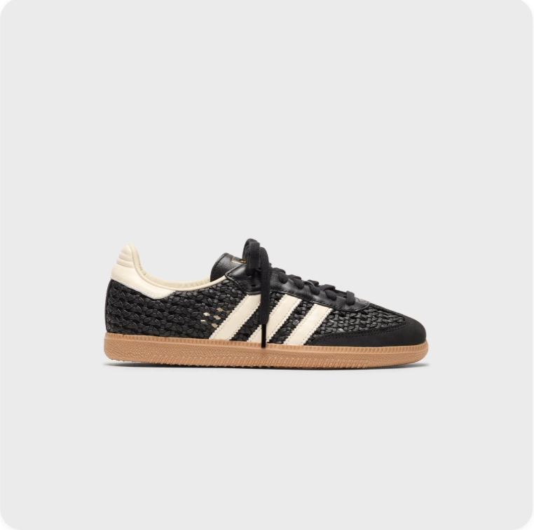 Adidas Samba OG Black Woven Leather Cream - side profile view showing basket-weave texture and cream 3-Stripes