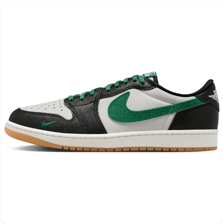 Air Jordan 1 Low OG Black Lucky Green Neutral Grey - side profile showing crinkled grey midfoot, green crackle Swoosh and gum outsole