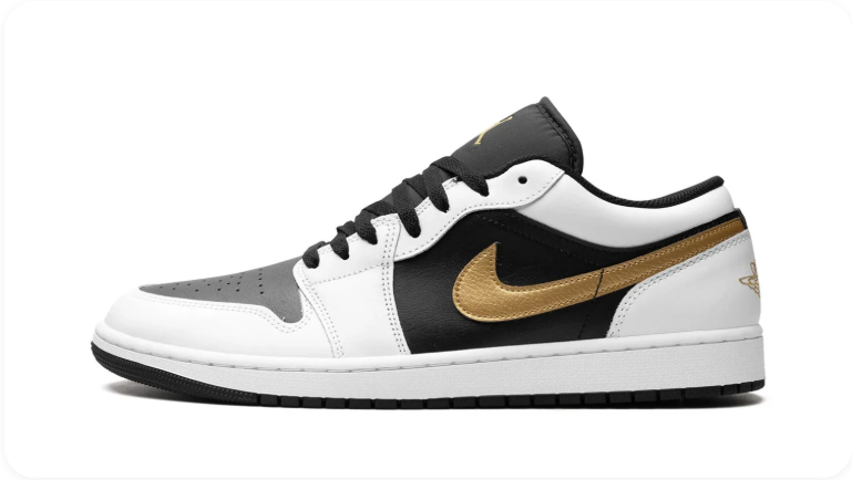 Air Jordan 1 Low White Black Grey Metallic Gold - side profile showing full colorblocking and gold Swoosh detail