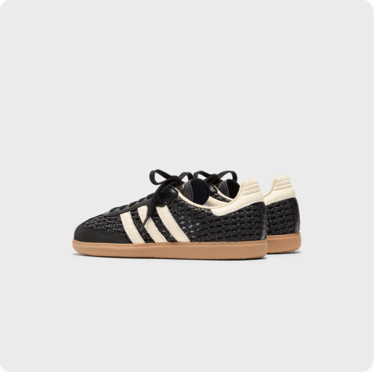 Adidas Samba OG Black Woven Leather Cream - rear three-quarter pair view showing cream collar and gum sole