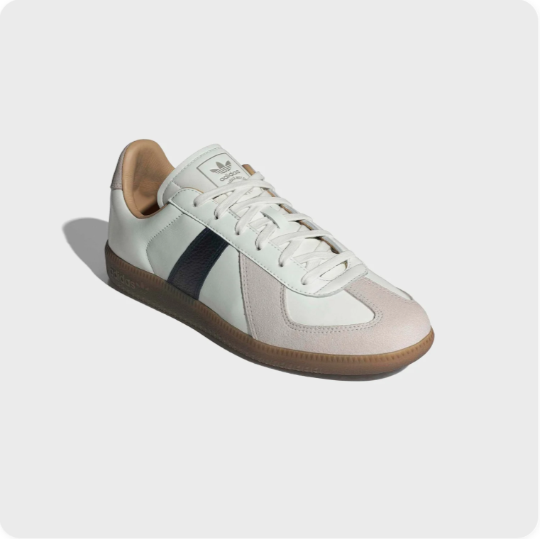 Adidas BW Army Cream Navy Tan - front three-quarter view showing Trefoil tongue badge and tan collar lining