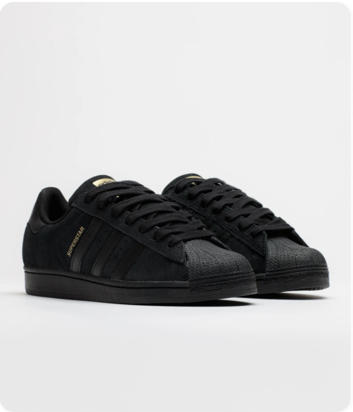 Adidas Superstar Sneakers – Triple Black Suede & Gold