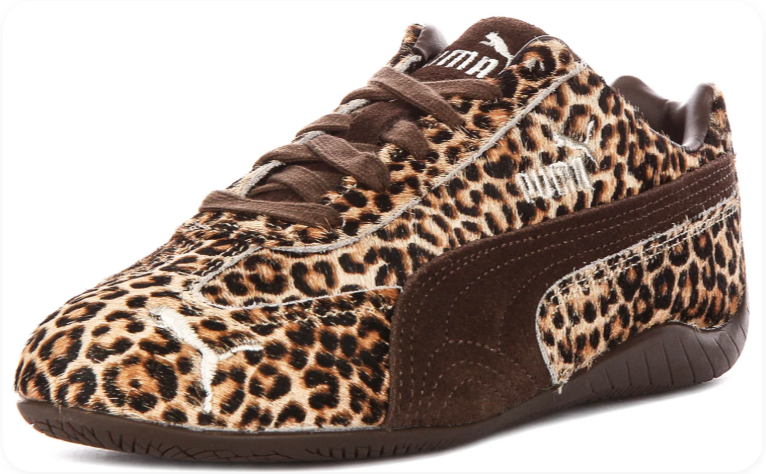 Puma Speedcat OG Leopard Print Haircalf - front three-quarter view showing full leopard print upper and silver PUMA lettering