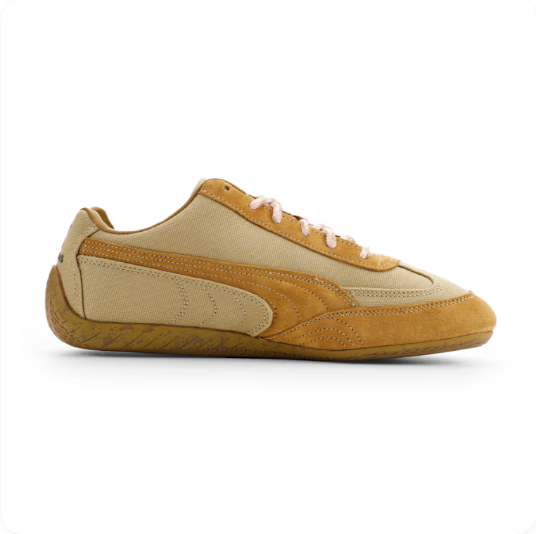Puma Speedcat Pro Wheat Camel Blush Pink - clean side profile showing canvas and suede two-tone upper with gum outsole