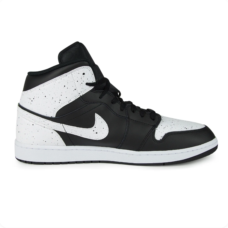 Air Jordan 1 Mid SE Black White Speckle - side profile showing black toe cap, white speckle midfoot panel and white Swoosh