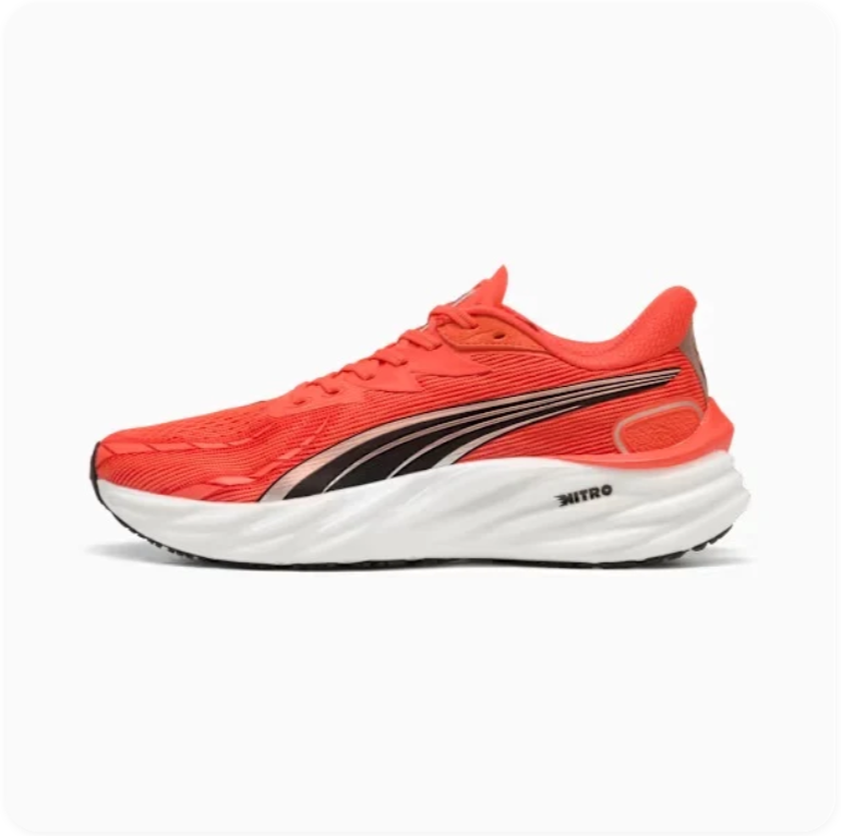 Puma Magnify Nitro 2 Solar Red - side profile view showing black Formstrip and white Nitro foam midsole