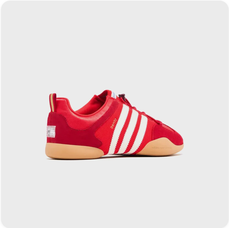 Adidas Benito Scarlet Red - rear three-quarter view showing woven archive badge and gum sole