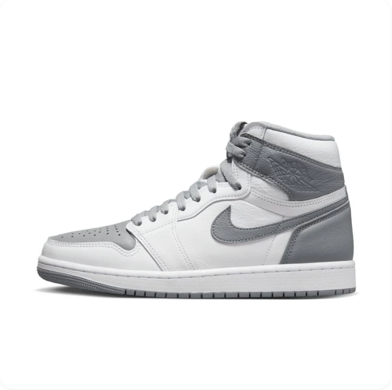 Air Jordan 1 Retro High OG White Stealth Grey - side profile showing grey toe cap, Swoosh, embossed collar detail and white midsole