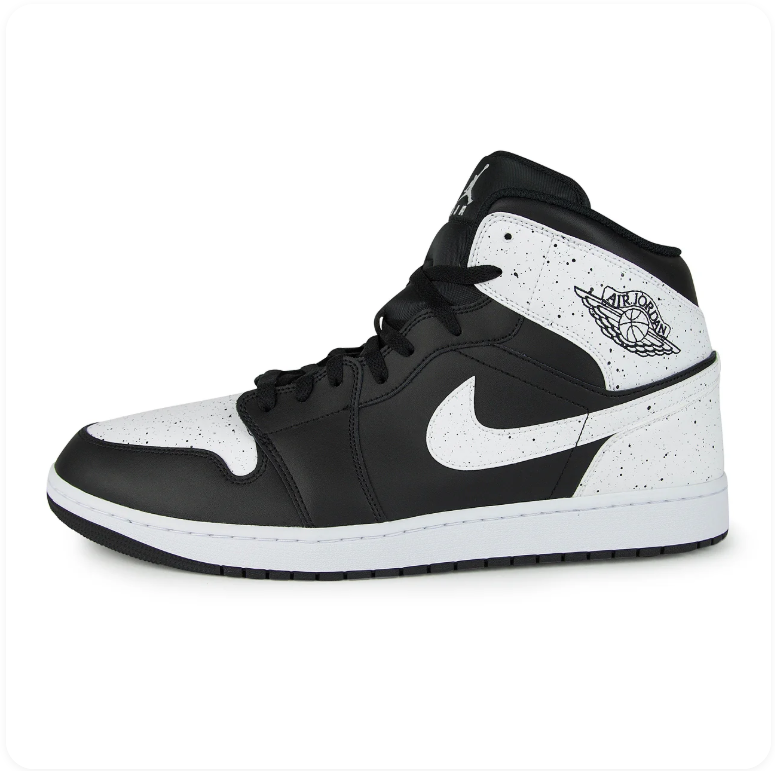 Air Jordan 1 Mid SE Black White Speckle - lateral side profile showing Wings logo and full speckle print detail