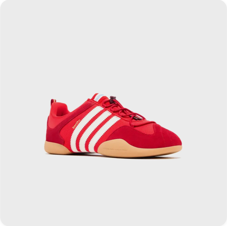 Adidas Benito Scarlet Red - front three-quarter view showing cream 3-Stripes and gold benito script
