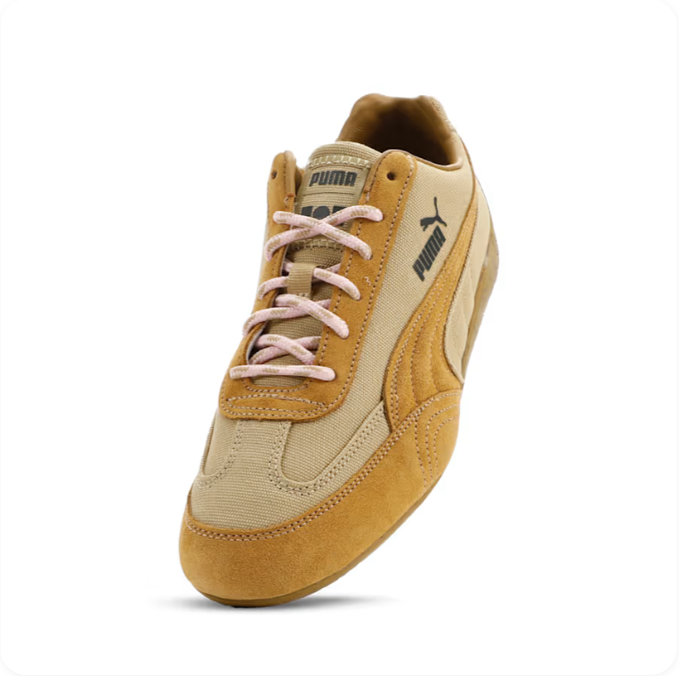 Puma Speedcat Pro Wheat Camel Blush Pink - front three-quarter view showing blush pink laces and dark brown Puma branding