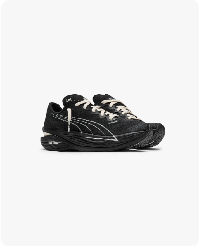 Puma x Pleasures Velocity Nitro 3 Black Cream - front pair view showing L7 logo, zip-tie lace lock and sculpted Nitro midsole
