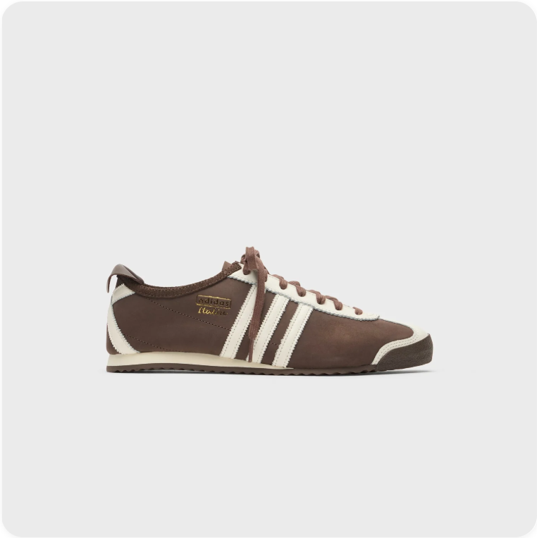 Adidas Italia Dark Brown Cream - side profile view showing gold Italia script and cream 3-Stripes