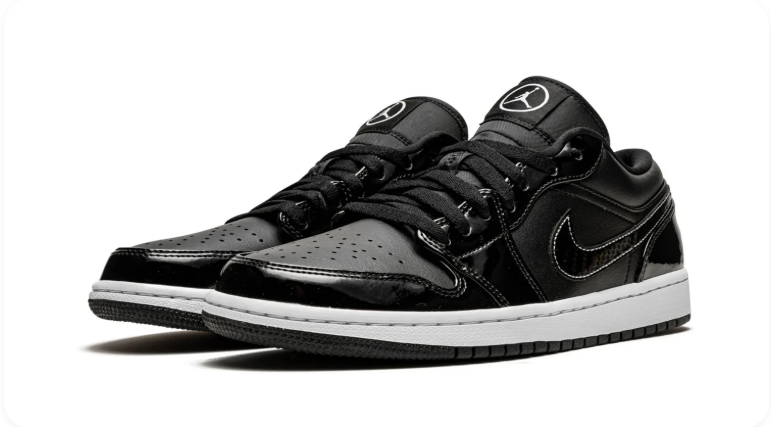 Air Jordan 1 Low SE Black Patent White - front pair view showing all-black patent upper and white Jumpman tongue logo