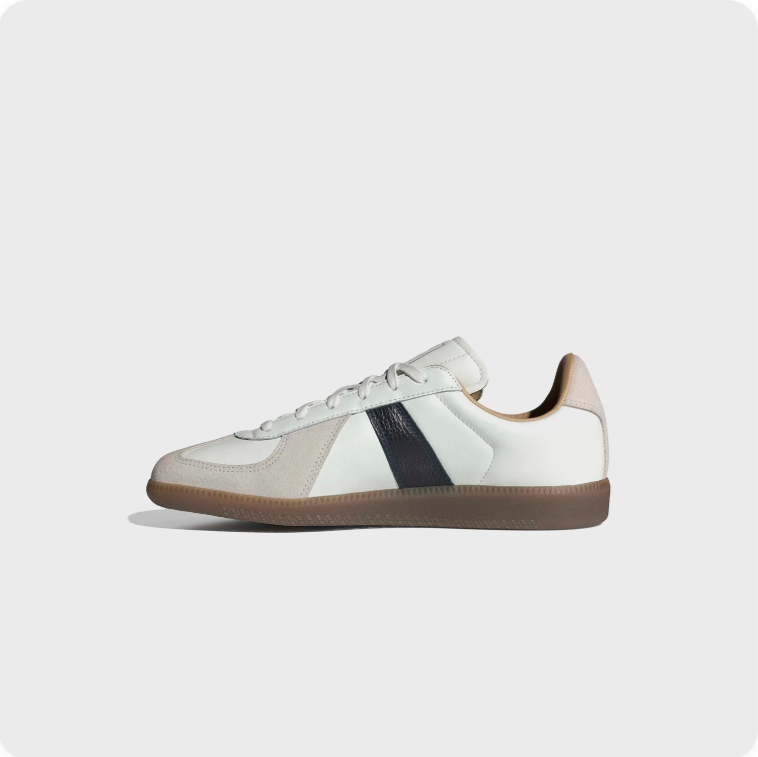 Adidas BW Army Cream Navy Tan - side profile view showing navy stripe and gum sole