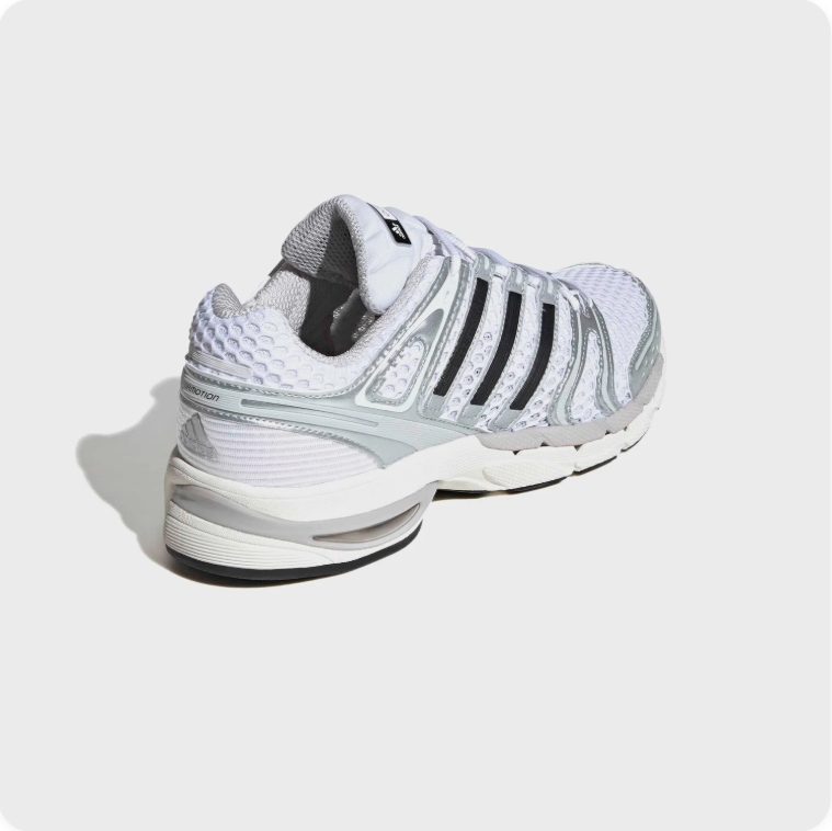 Adidas Response CL White Silver Black - rear three-quarter view showing iridescent overlays and chunky midsole