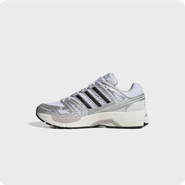 Adidas Response CL White Silver Black - side profile view showing black 3-Stripes and adimotion midsole detail