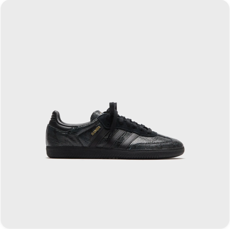 Adidas Samba Sneakers – Triple Black Reptile Embossed Leather & Gold